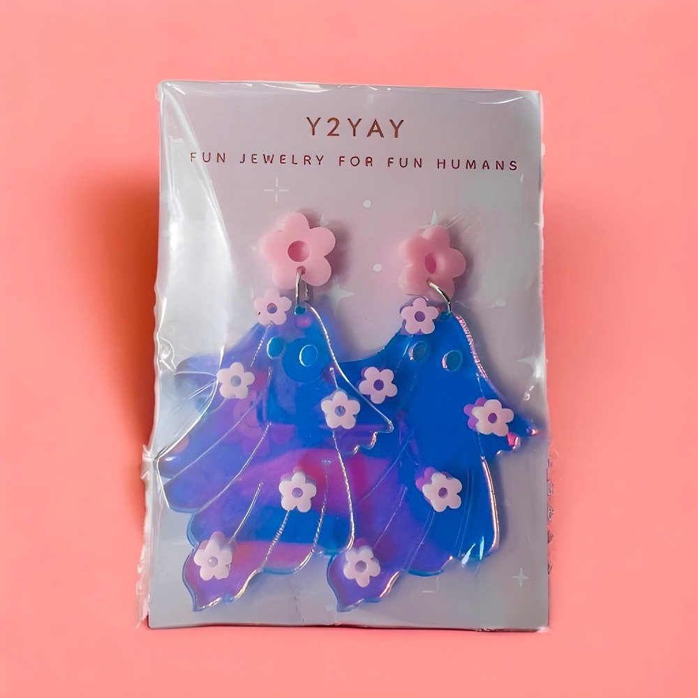 Iridescent Flower Ghost Earrings Spooky Cute
